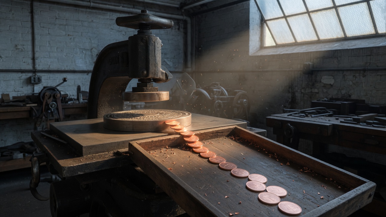 Mint press and a roll of struck coins at dawn